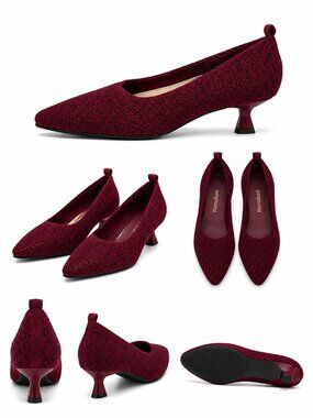 Burudani Women’s Burgundy Knit Pointed Toe Kitten Heel Shoes, Size, 6.5-11